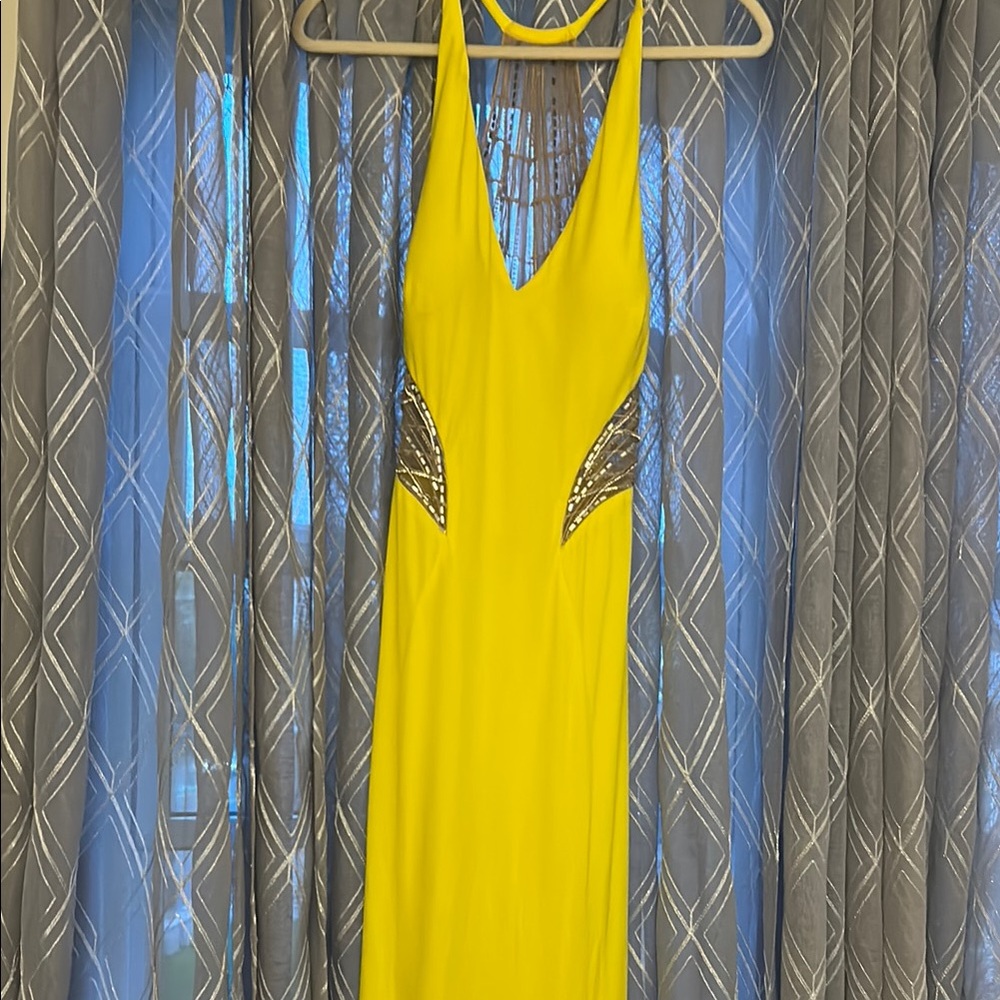 Terani Couture Vibrant Yellow Backless Dress with Silver Details